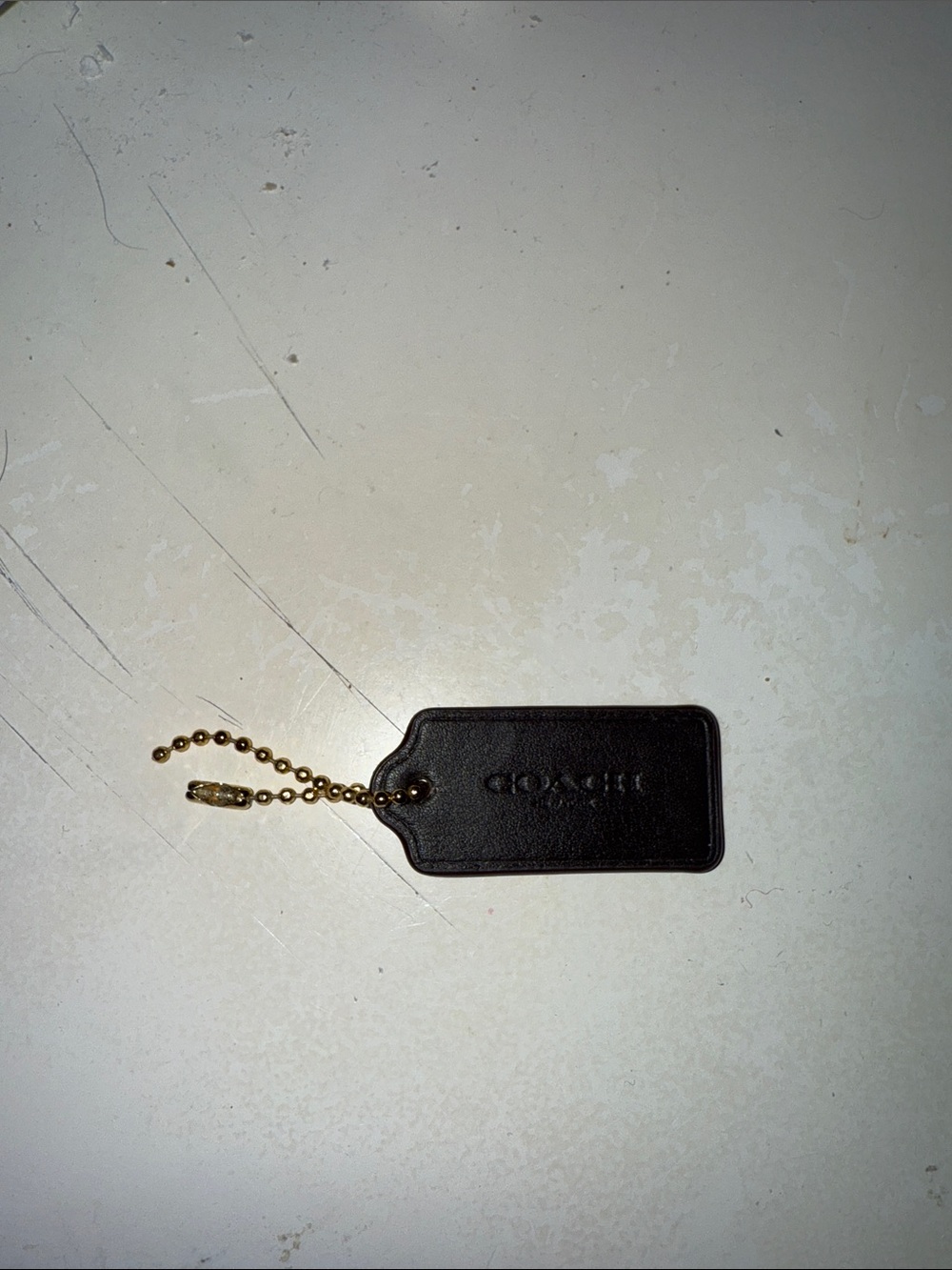 Coach Brown Leather Tag Keychain with Gold Ball Chain